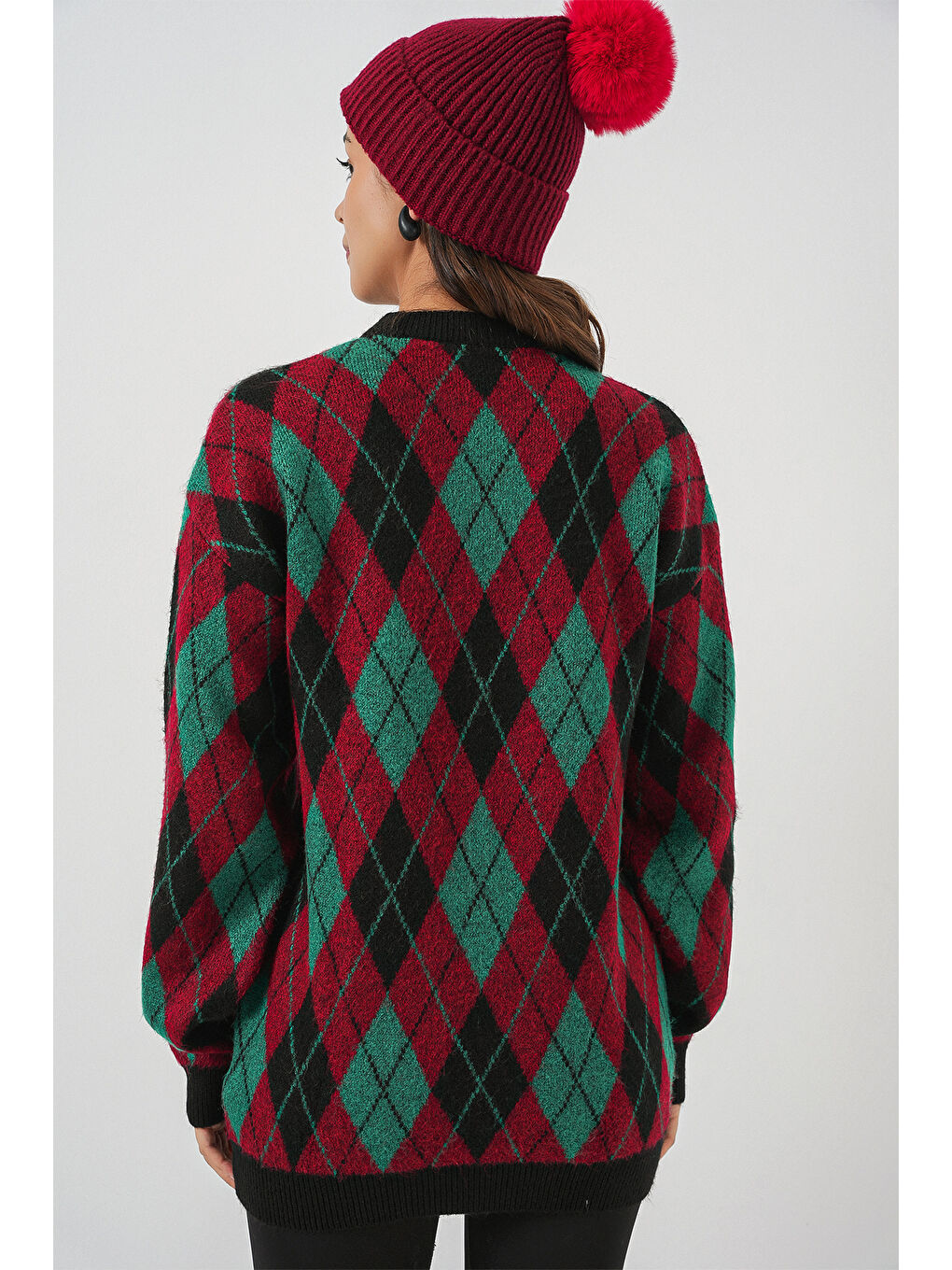 Kadın Baklava Desenli Triko Kazak 15929 - Bordo-5