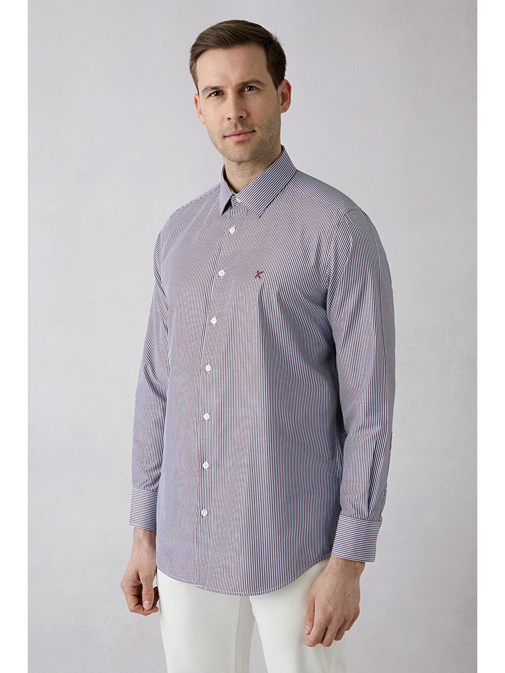 Bordo Uzun Kol Slim Fit Çizgili Gömlek-4