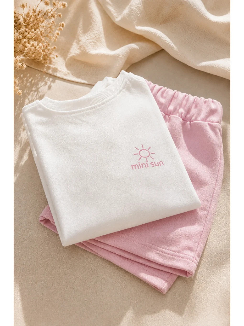 Pembe Unisex Çocuk Mini Sun Baskılı Oversize Tişört Şort Yazlık Takım 1-5 Yaş-2