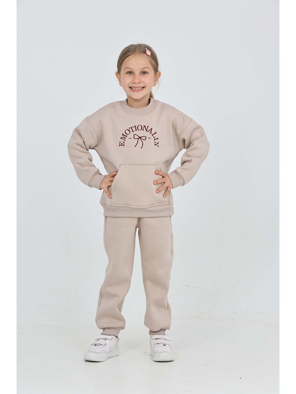 Bej Kız Çocuk Fiyonk Nakışlı Eşofman Takım