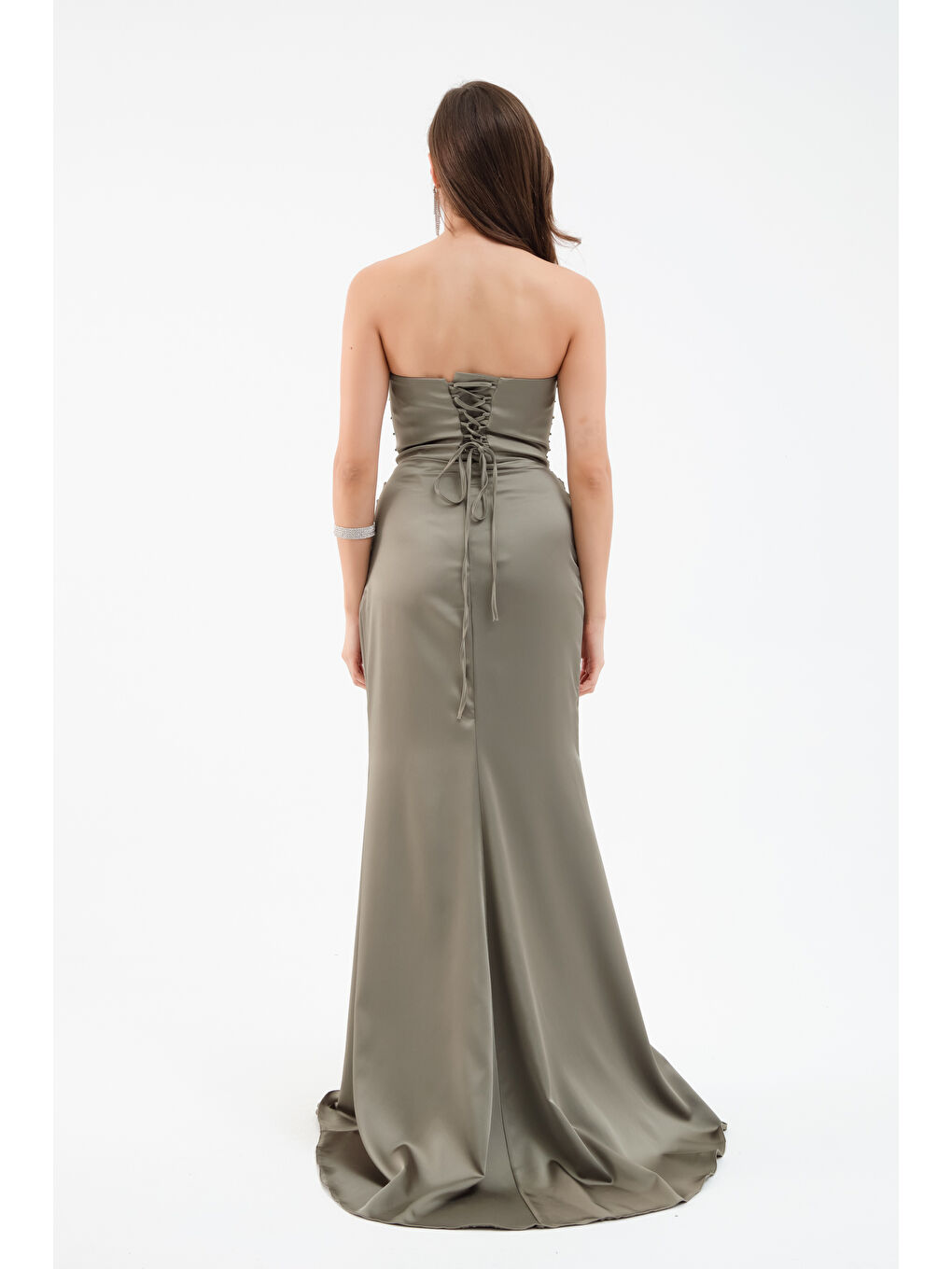 Kadın Haki Straplez Boncuklu Uzun Saten Abiye Elbise-4