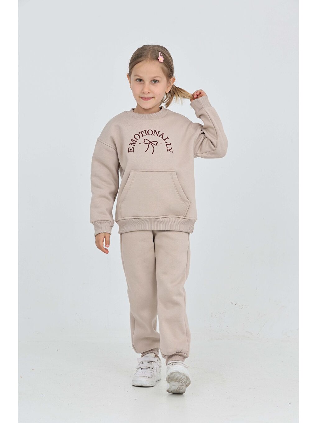Bej Kız Çocuk Fiyonk Nakışlı Eşofman Takım-2
