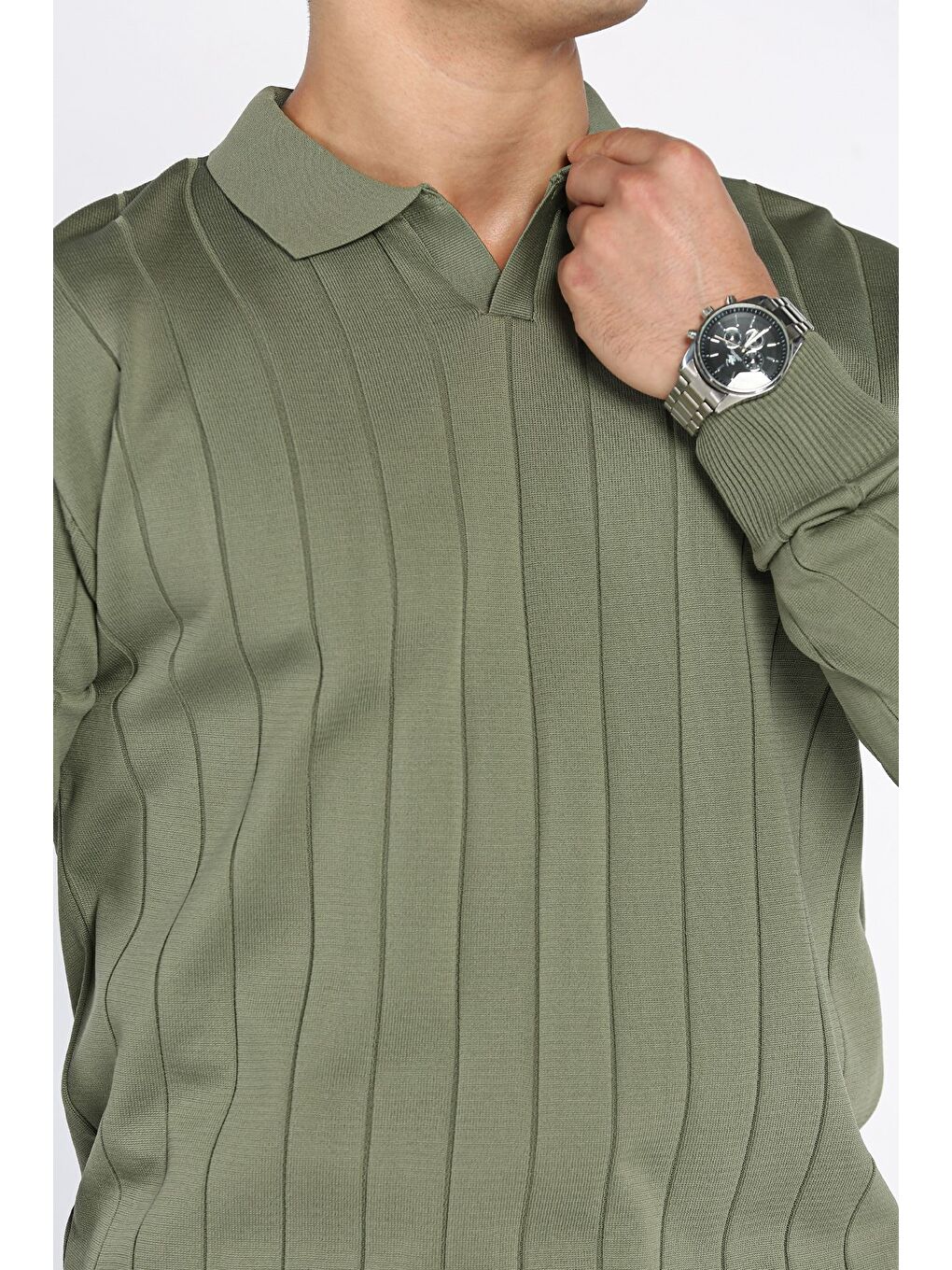 Haki Polo Yaka Çizgi Desenli Erkek Triko Kazak-3