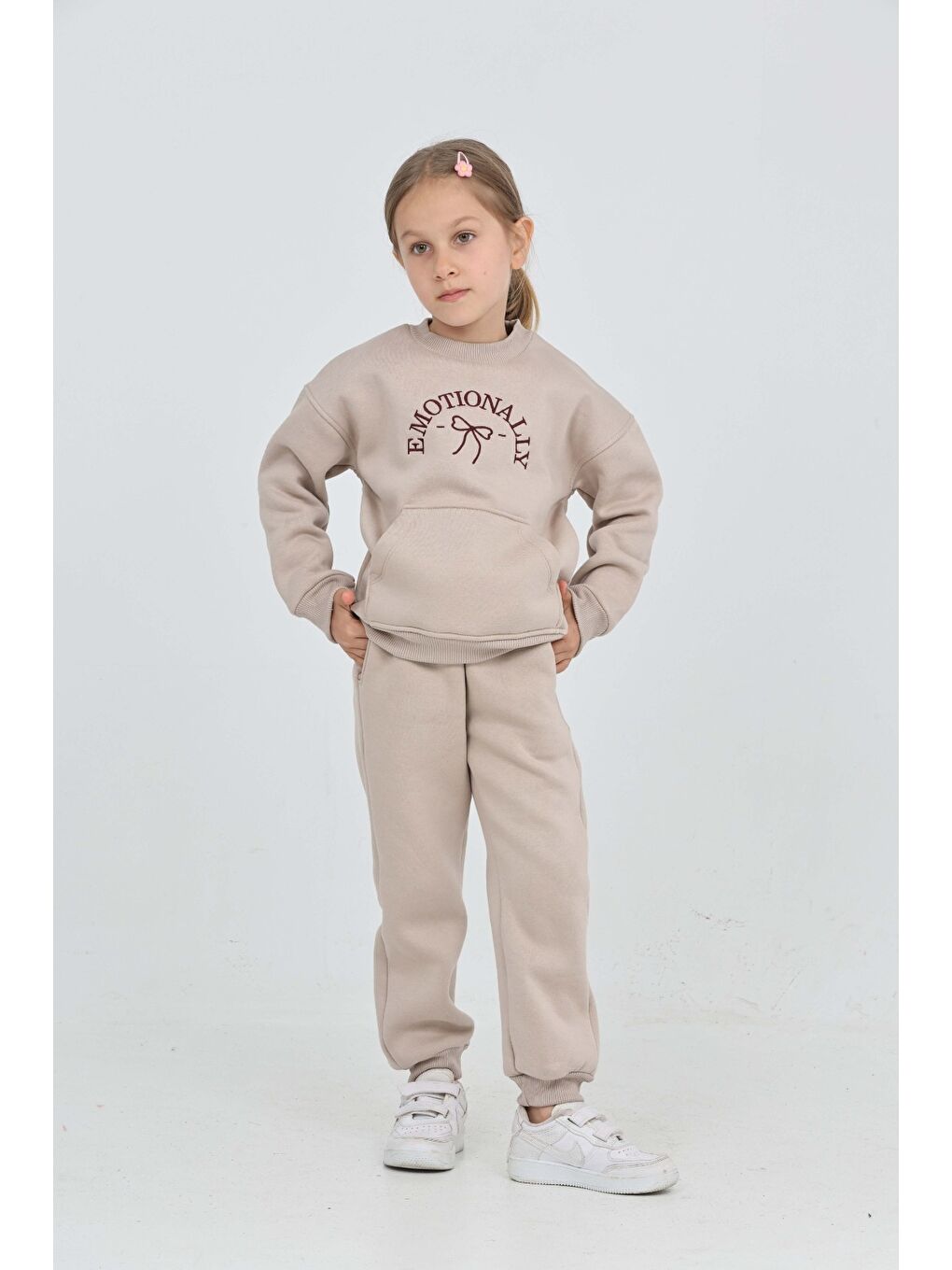 Bej Kız Çocuk Fiyonk Nakışlı Eşofman Takım-3