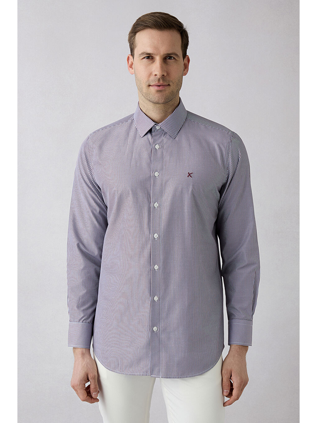 Bordo Uzun Kol Slim Fit Çizgili Gömlek-5