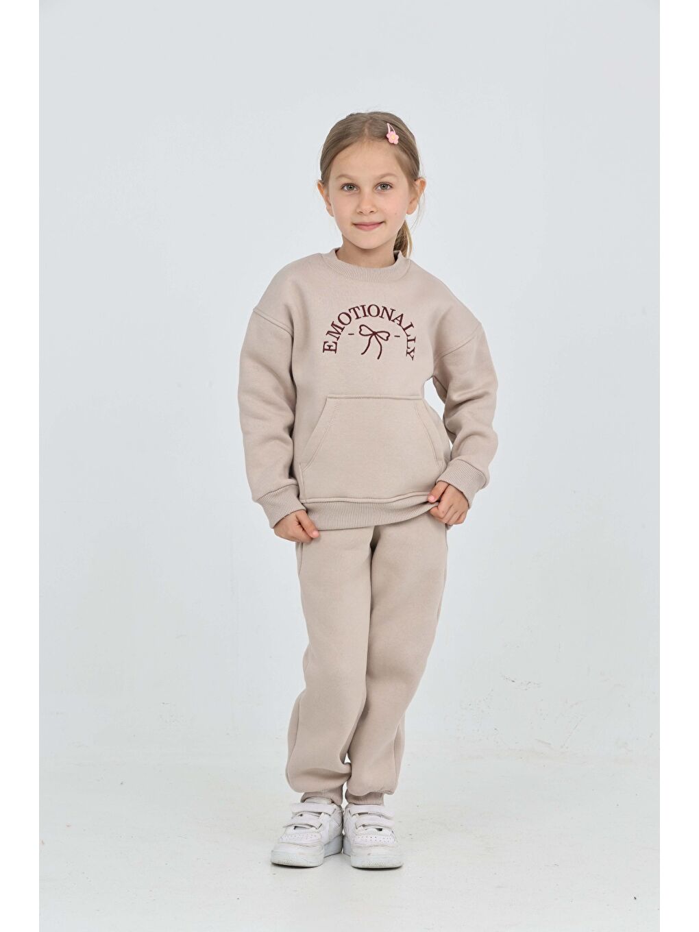 Bej Kız Çocuk Fiyonk Nakışlı Eşofman Takım-5