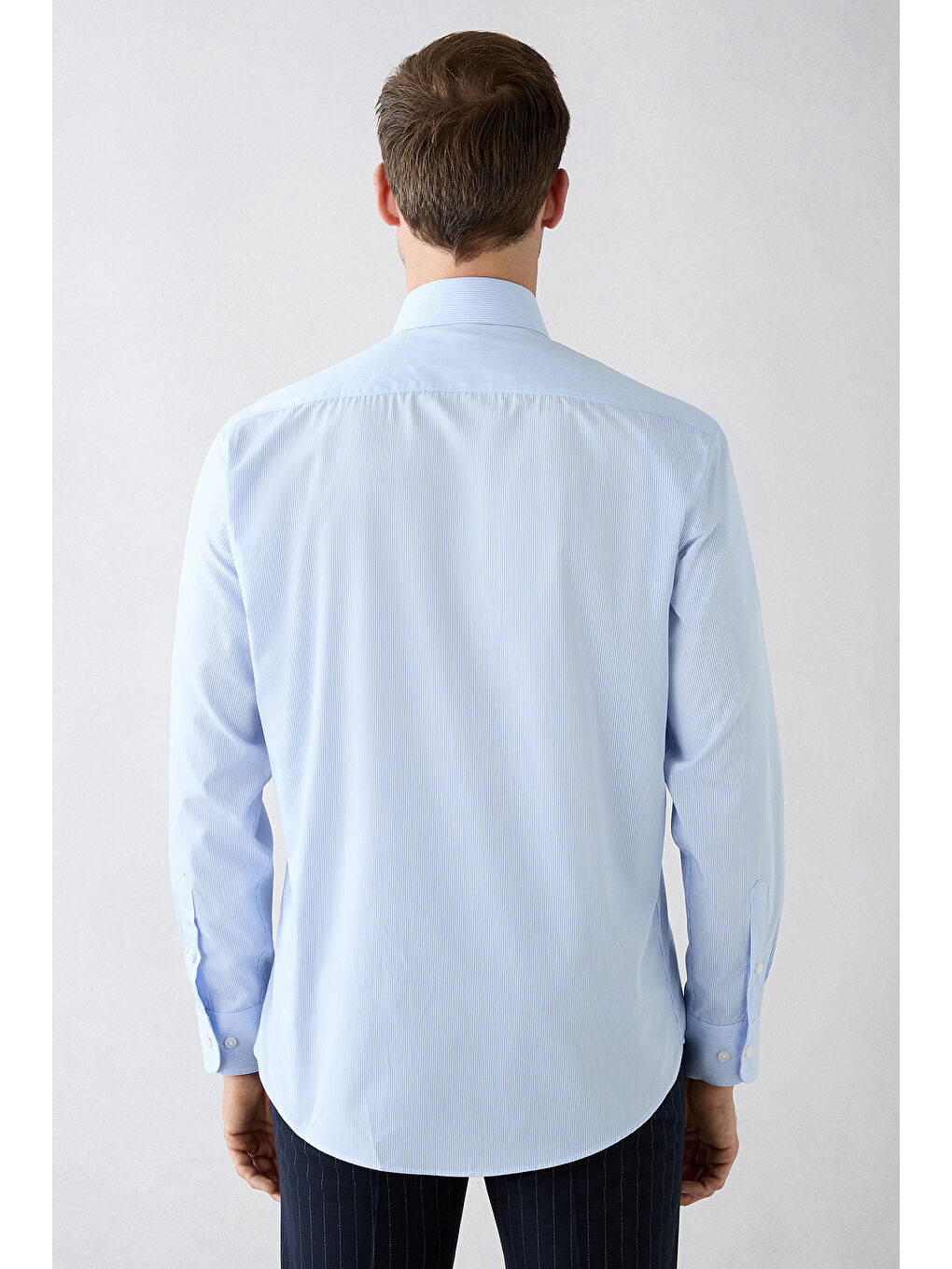 Mavi Uzun Kol Klasik Çizgili Pamuk Gömlek-3