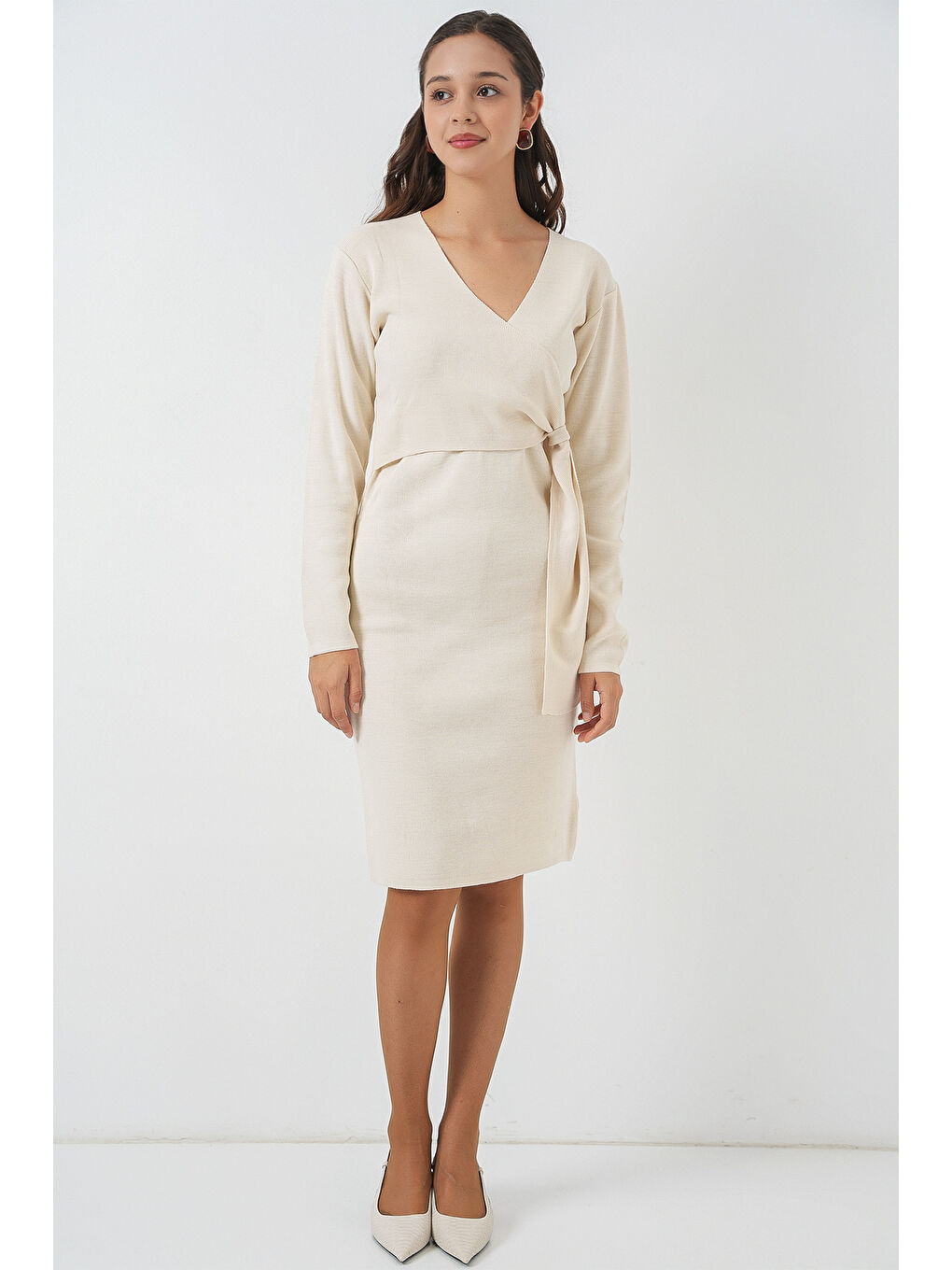 Kadın Kruvaze Yaka Triko Elbise 15928 - Ekru-1