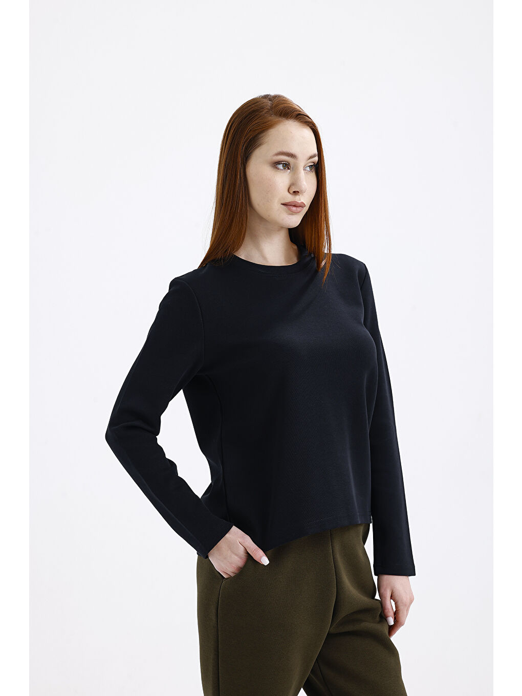 Kadın Uzun Kollu Basic Siyah T-Shirt-1