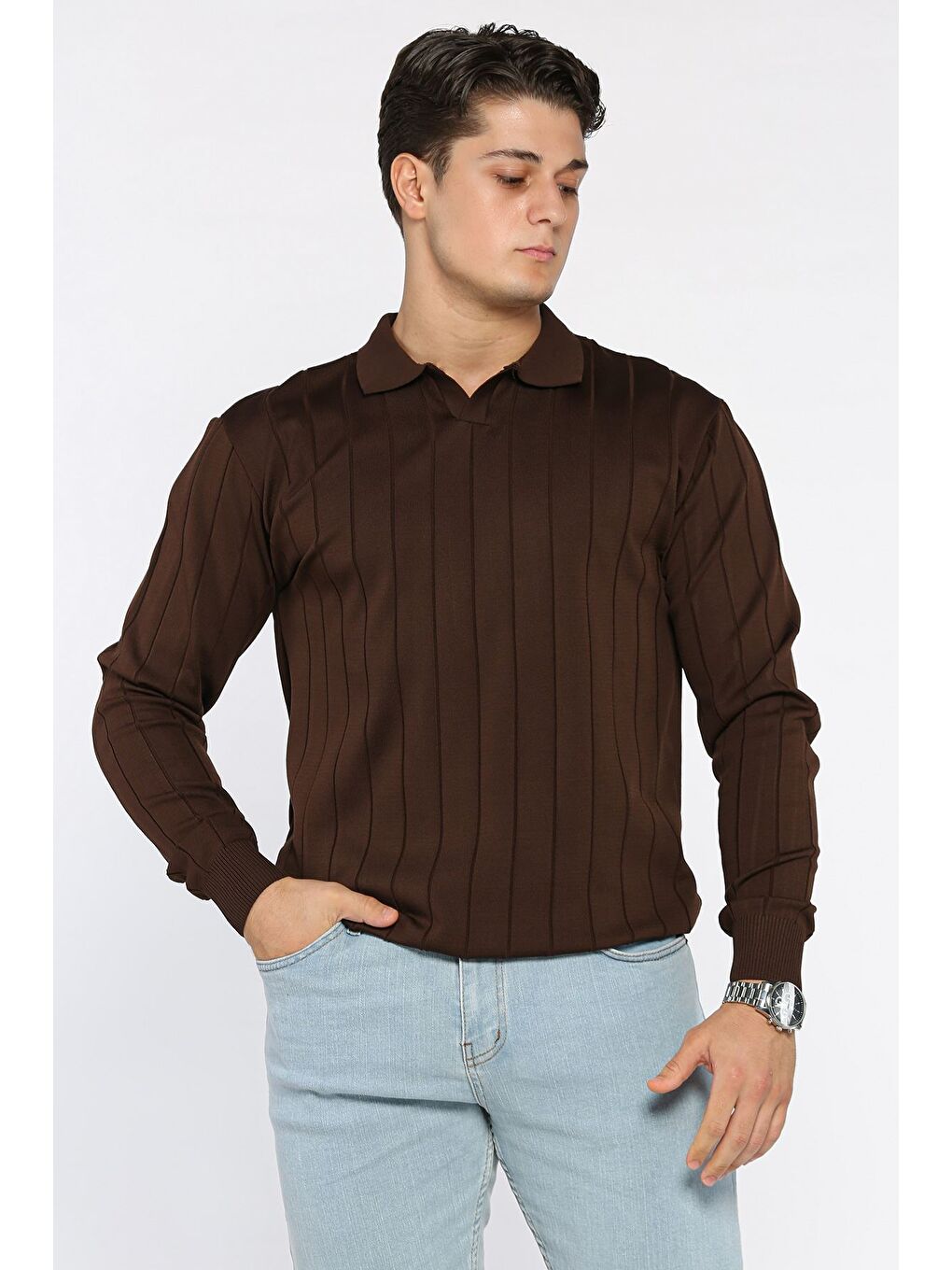 Kahverengi Polo Yaka Çizgi Desenli Erkek Triko Kazak-1