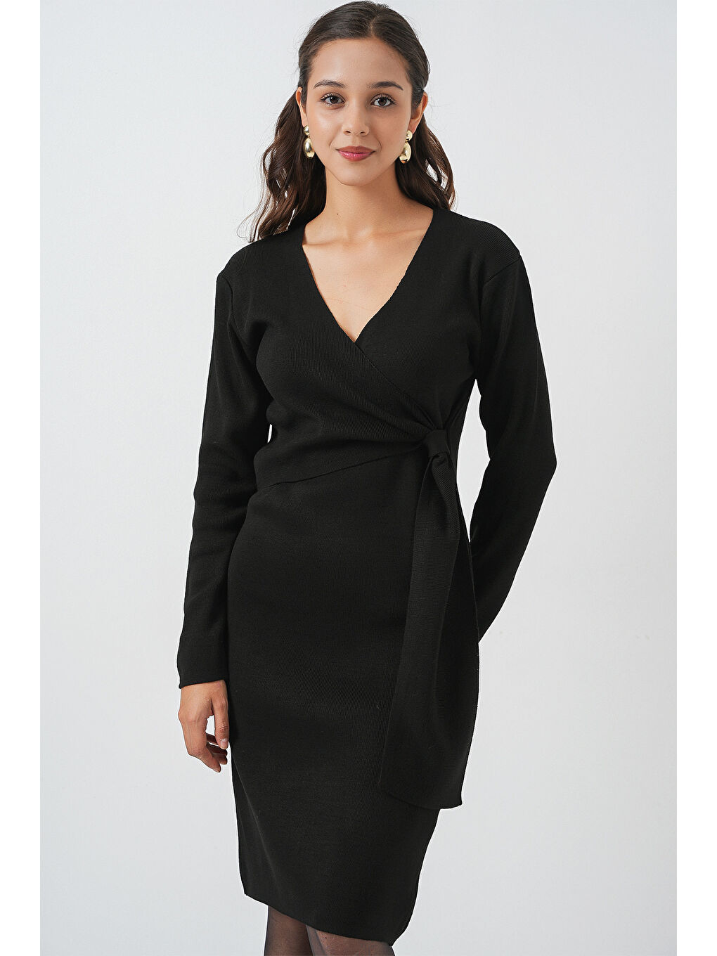 Kadın Kruvaze Yaka Triko Elbise 15928 - Siyah
