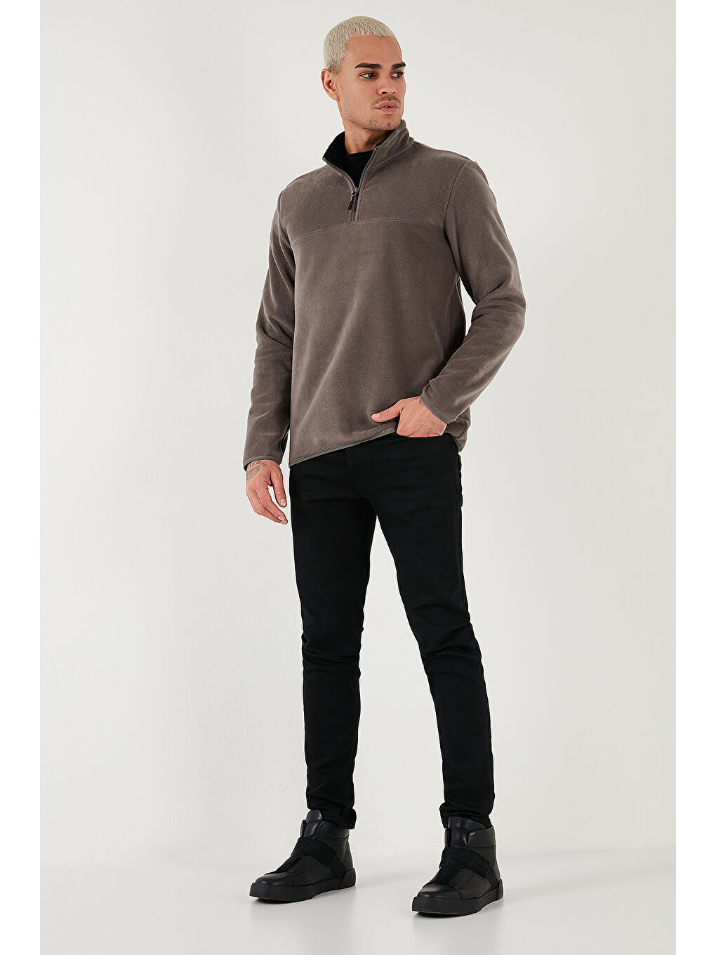 Gri Regular Fit Anti-Pilling Tüylenme Yapmayan Bato Yaka Kışlık Şardonlu Erkek Polar 5906001-1