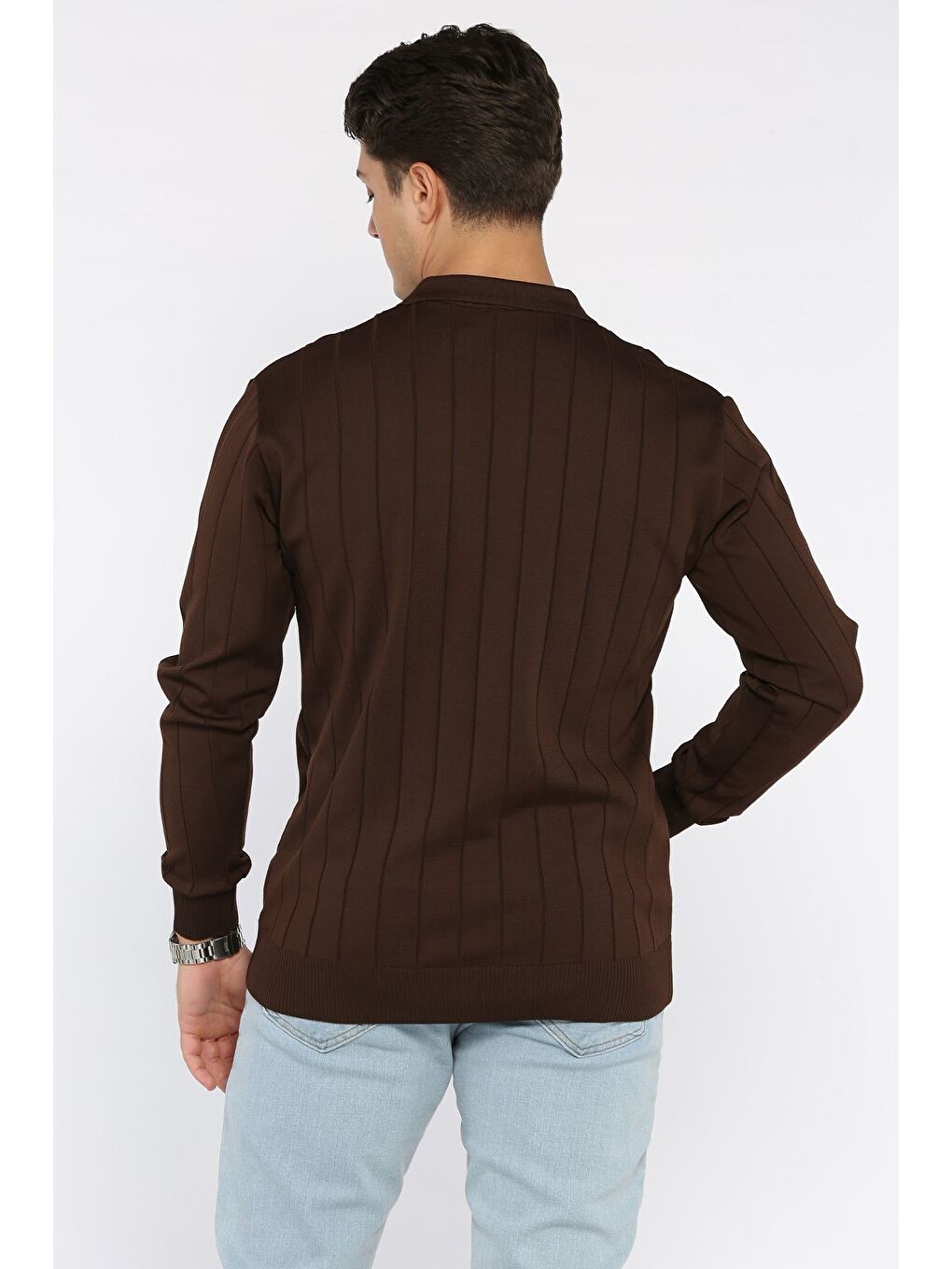 Kahverengi Polo Yaka Çizgi Desenli Erkek Triko Kazak-2