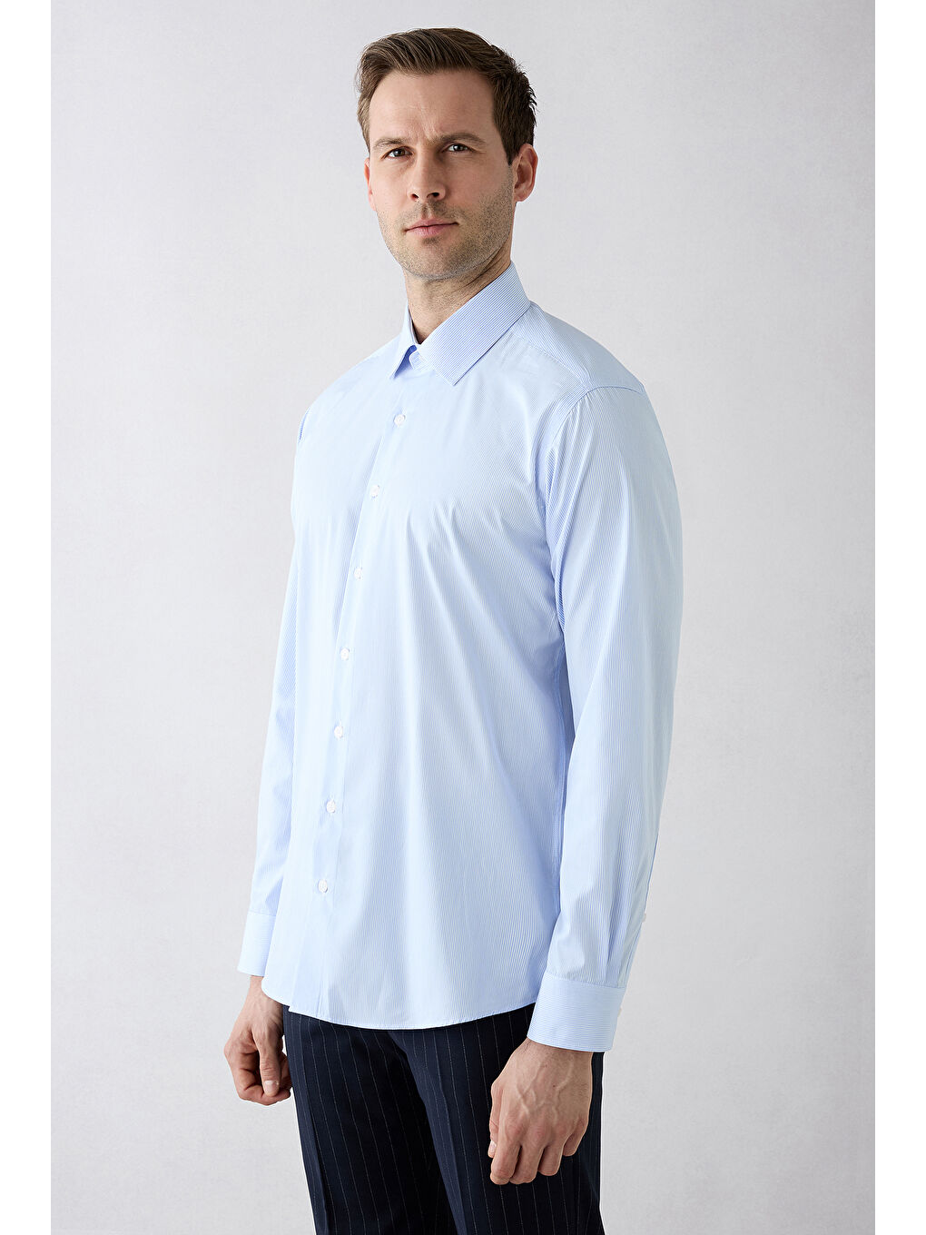 Mavi Uzun Kol Klasik Çizgili Pamuk Gömlek-4