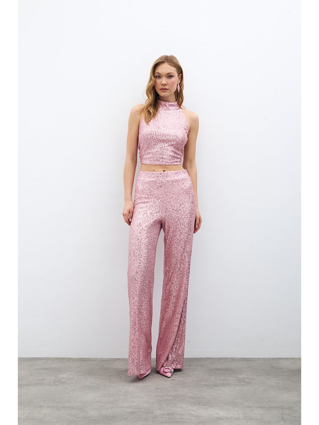 Pembe Payetli Salaş Pantolon - Pudra-1
