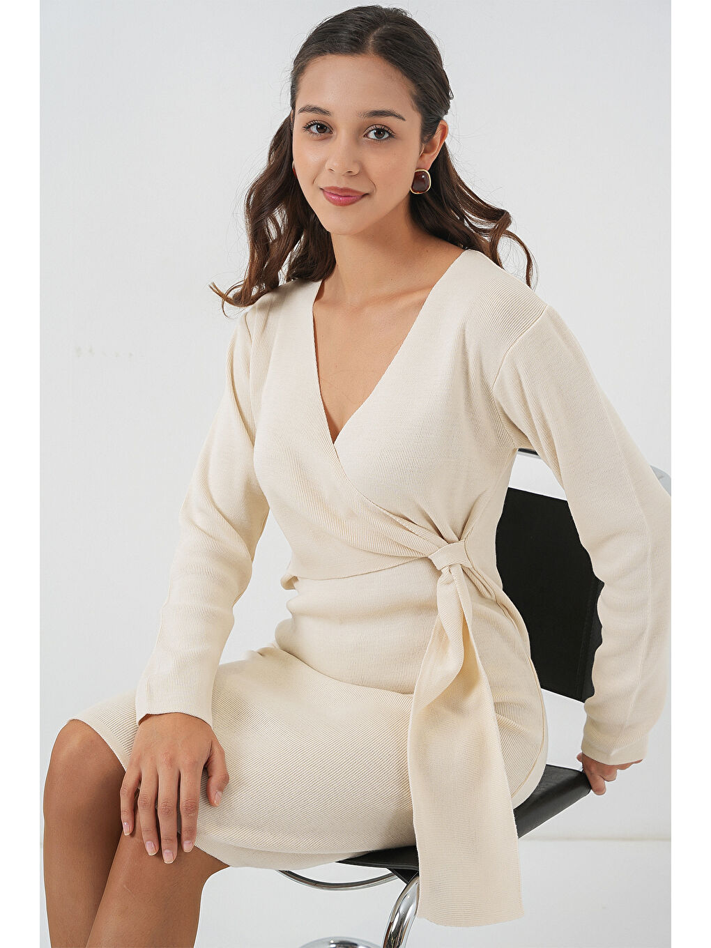 Kadın Kruvaze Yaka Triko Elbise 15928 - Ekru-2