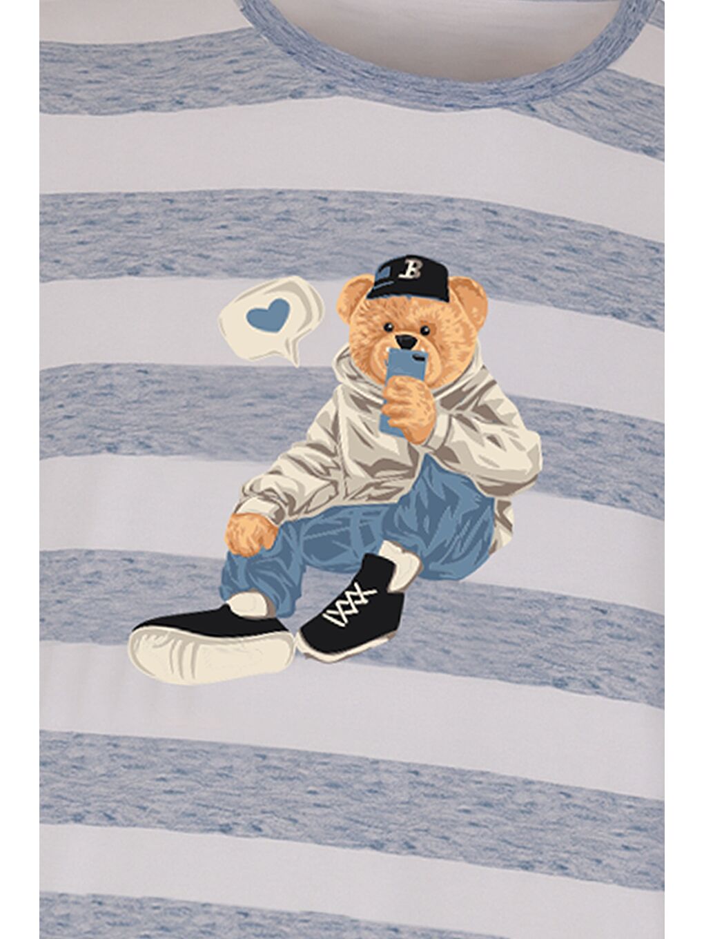 Lacivert Erkek Pamuklu Uzun Kollu Üst Ayıcık Baskılı %100 Pamuk Pijama Takımı-3