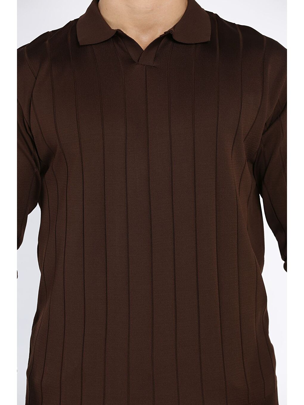 Kahverengi Polo Yaka Çizgi Desenli Erkek Triko Kazak-3