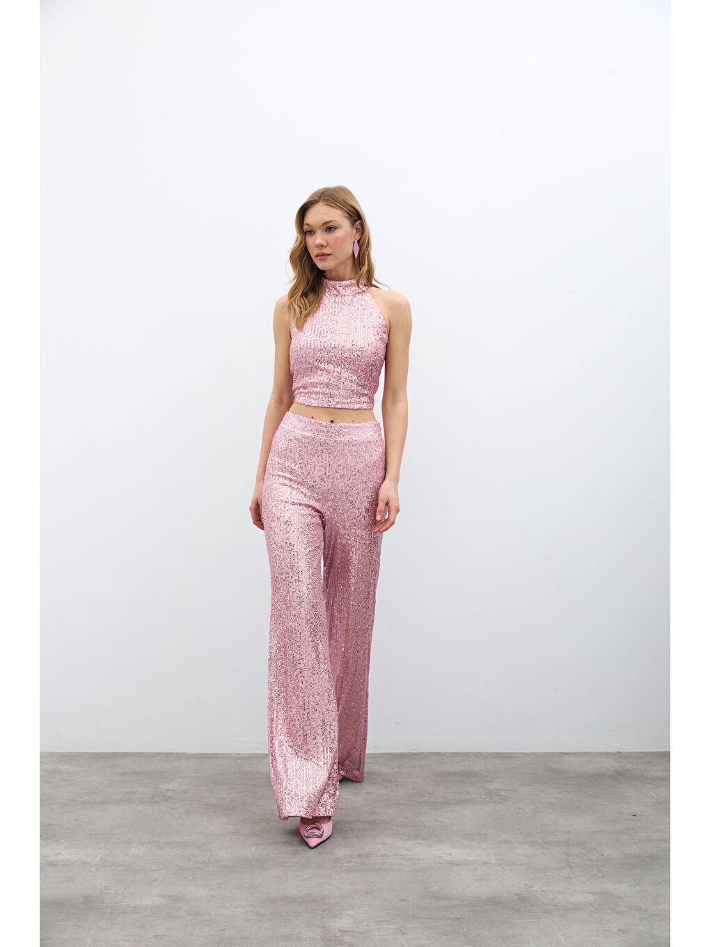 Pembe Payetli Salaş Pantolon - Pudra-2