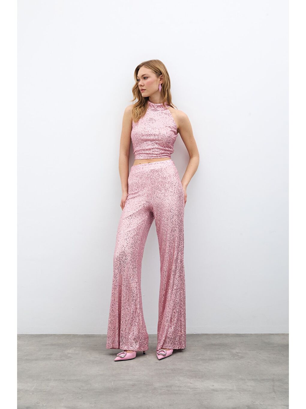 Pembe Payetli Salaş Pantolon - Pudra-3
