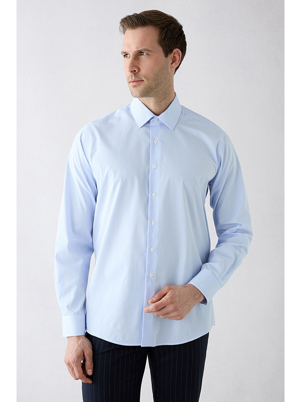 Mavi Uzun Kol Klasik Çizgili Pamuk Gömlek-5