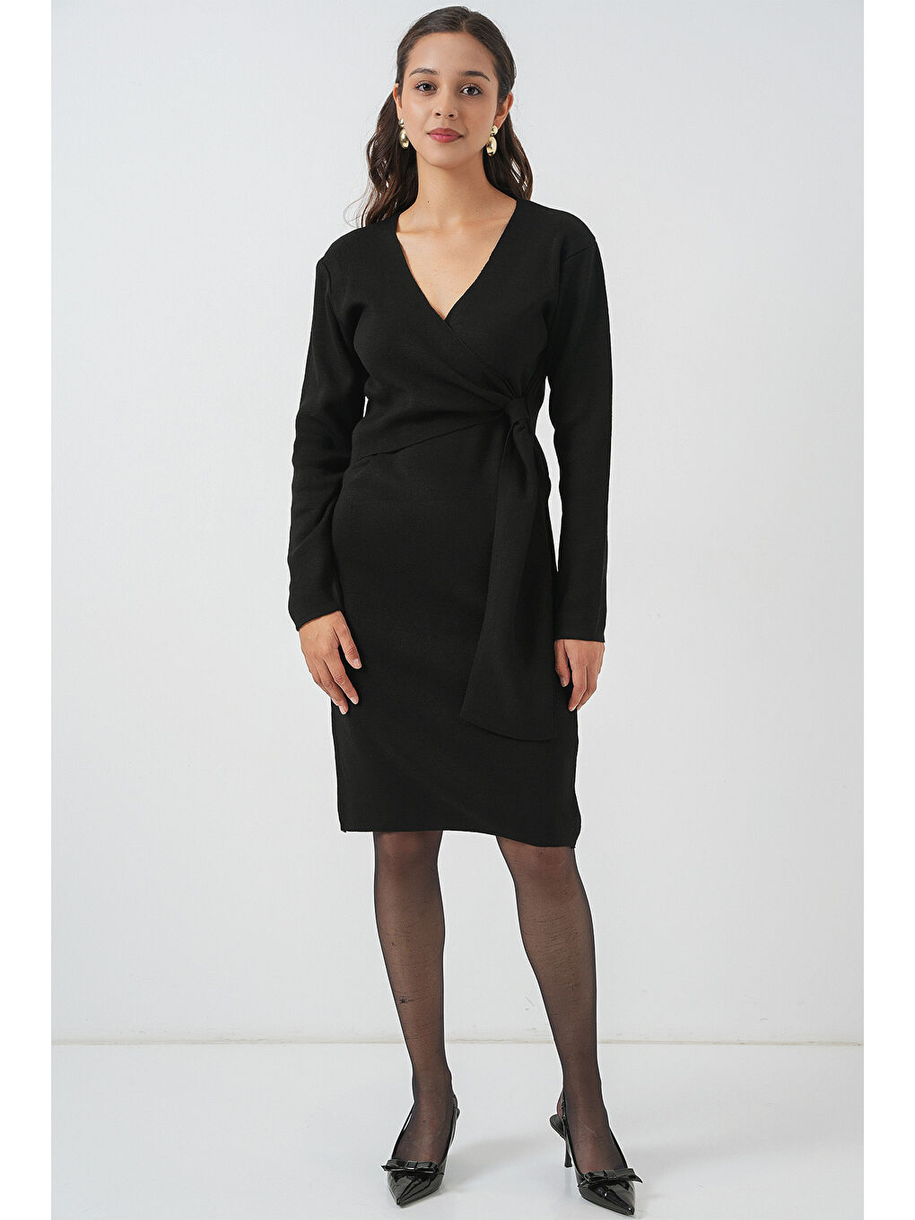 Kadın Kruvaze Yaka Triko Elbise 15928 - Siyah-1