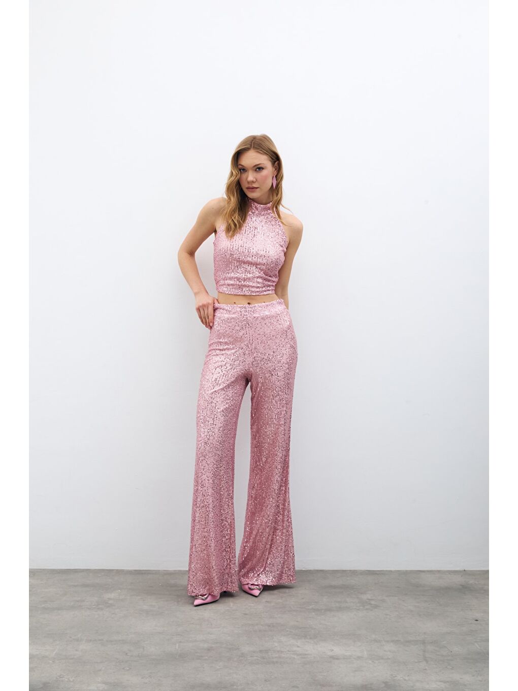 Pembe Payetli Salaş Pantolon - Pudra-5
