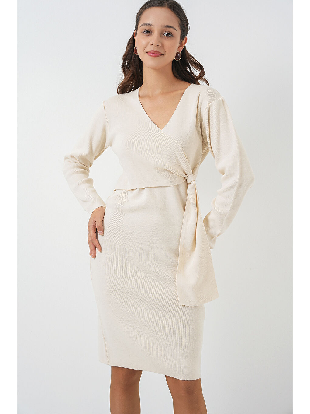 Kadın Kruvaze Yaka Triko Elbise 15928 - Ekru-3