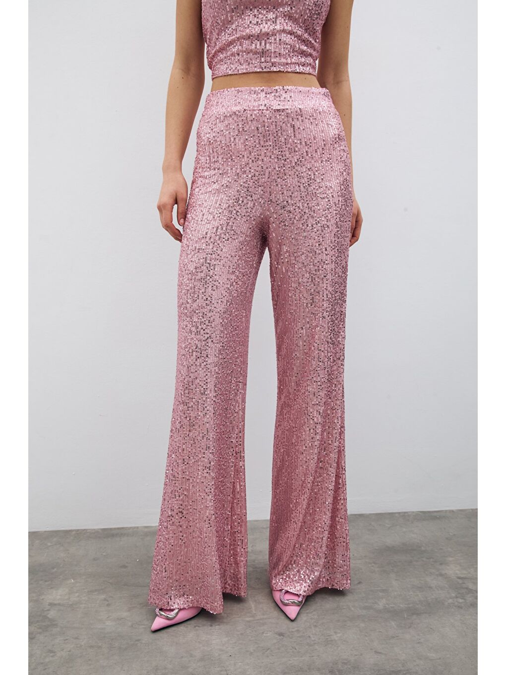 Pembe Payetli Salaş Pantolon - Pudra-6