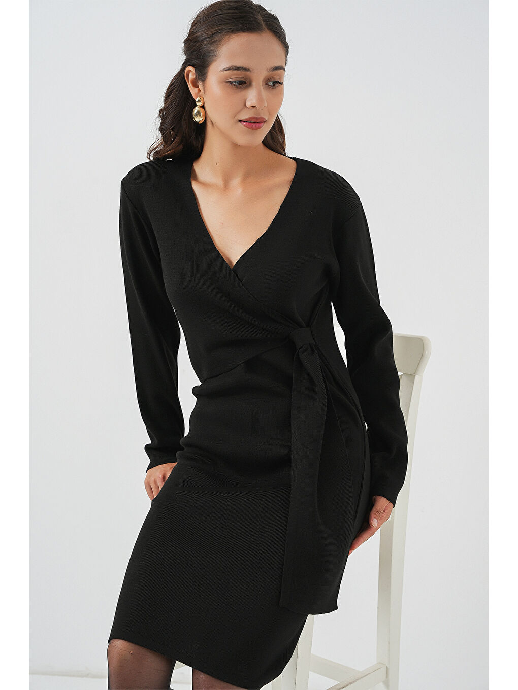 Kadın Kruvaze Yaka Triko Elbise 15928 - Siyah-2