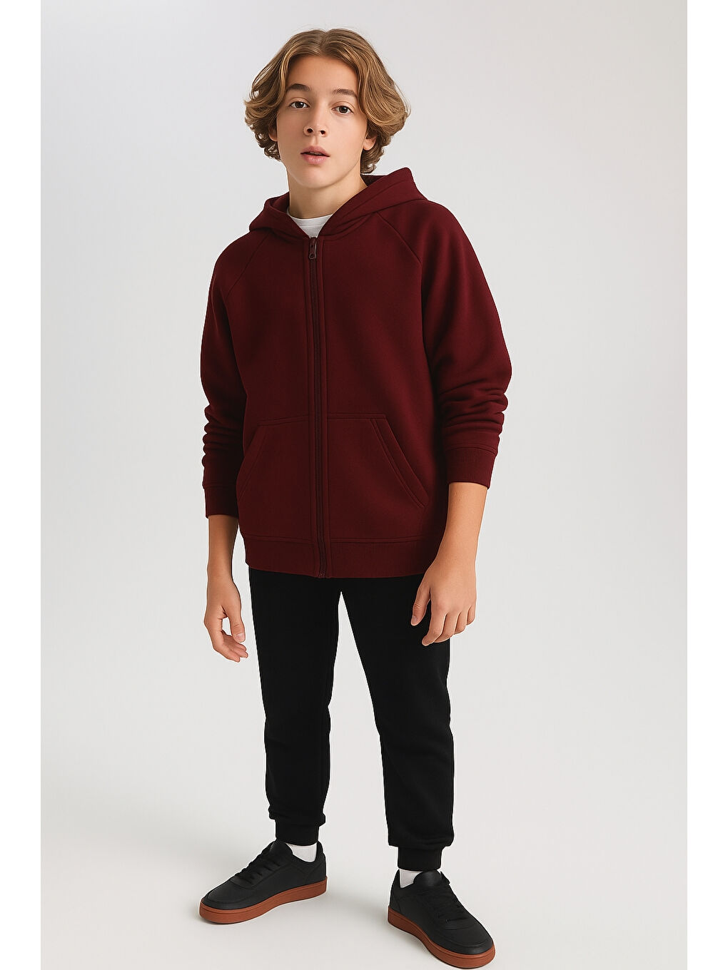 Bordo Kız - Erkek Çocuk Basic Fermuarlı Kalın 3 İplik Kışlık Okul Sweat Ak1815