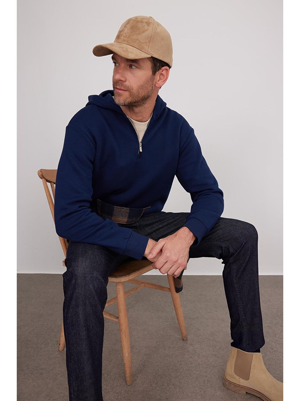 Unisex Relax Fit Rahat Kesim Pamuklu İçi Polarlı Yarım Fermuarlı Lacivert Kapüşonlu Sweatshirt-1