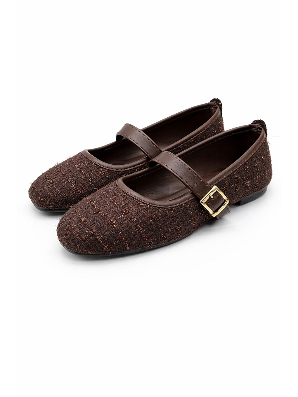 Kahverengi SH-200 Tiftikli Düz Babet Günlük Kadın Ayakkabı Mary Jane Ev Babeti-1