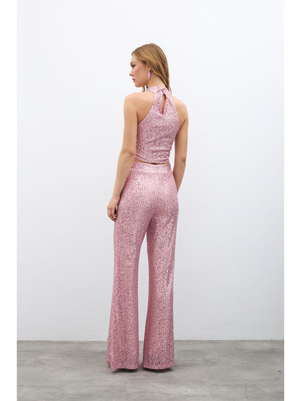 Pembe Payetli Salaş Pantolon - Pudra-7