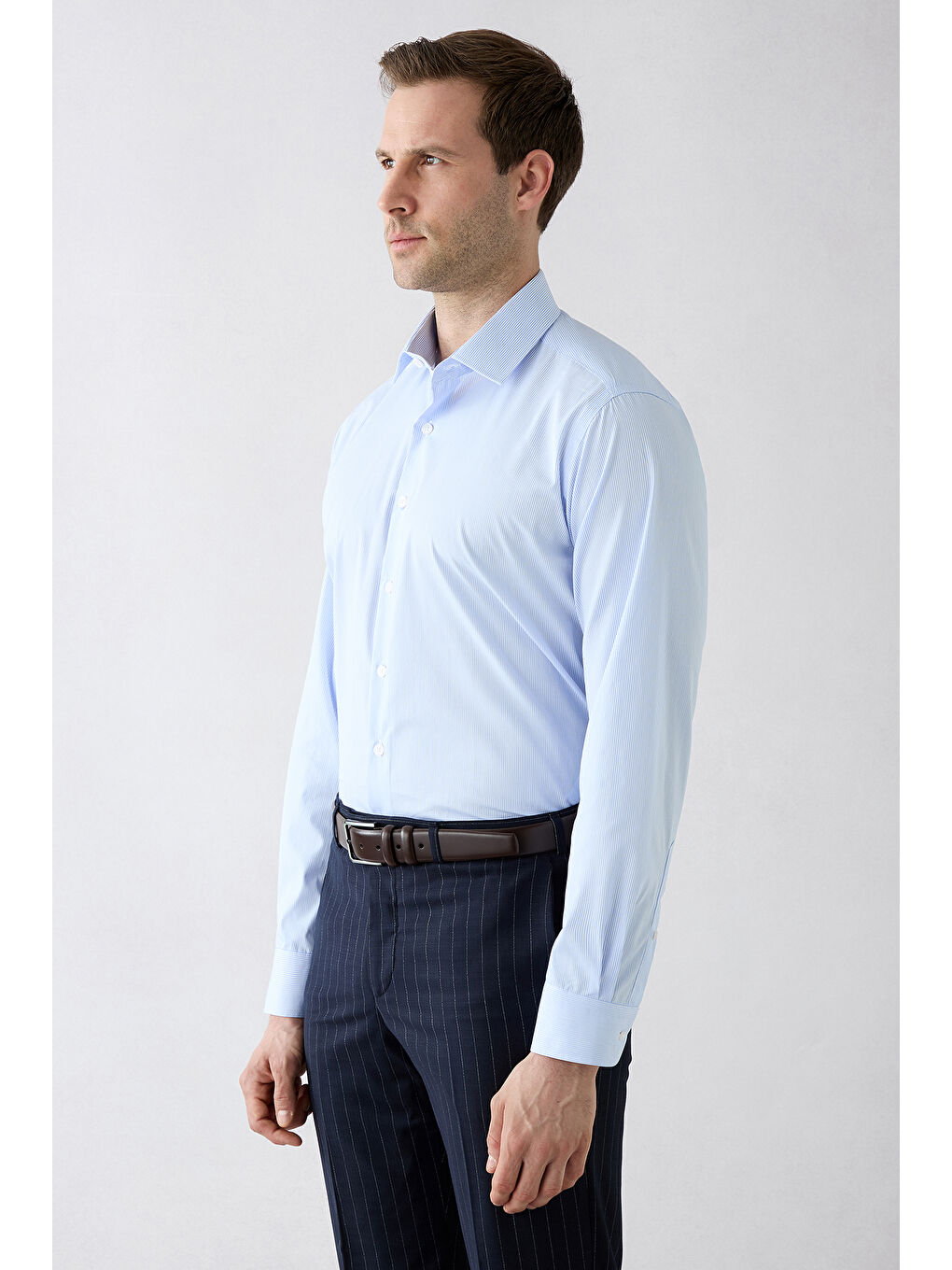 Mavi Uzun Kol Klasik Çizgili Pamuk Gömlek-6