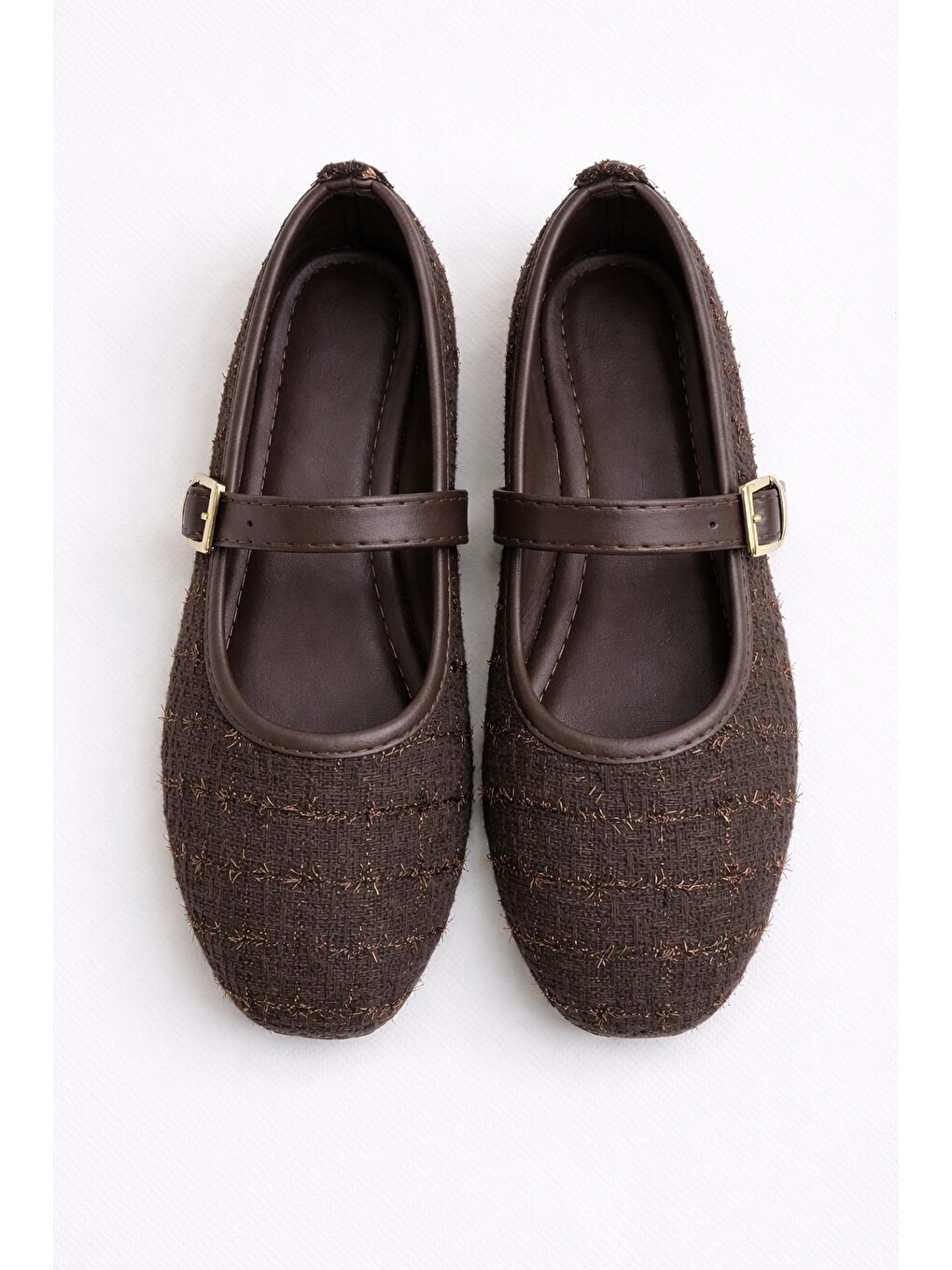 Kahverengi SH-200 Tiftikli Düz Babet Günlük Kadın Ayakkabı Mary Jane Ev Babeti-2