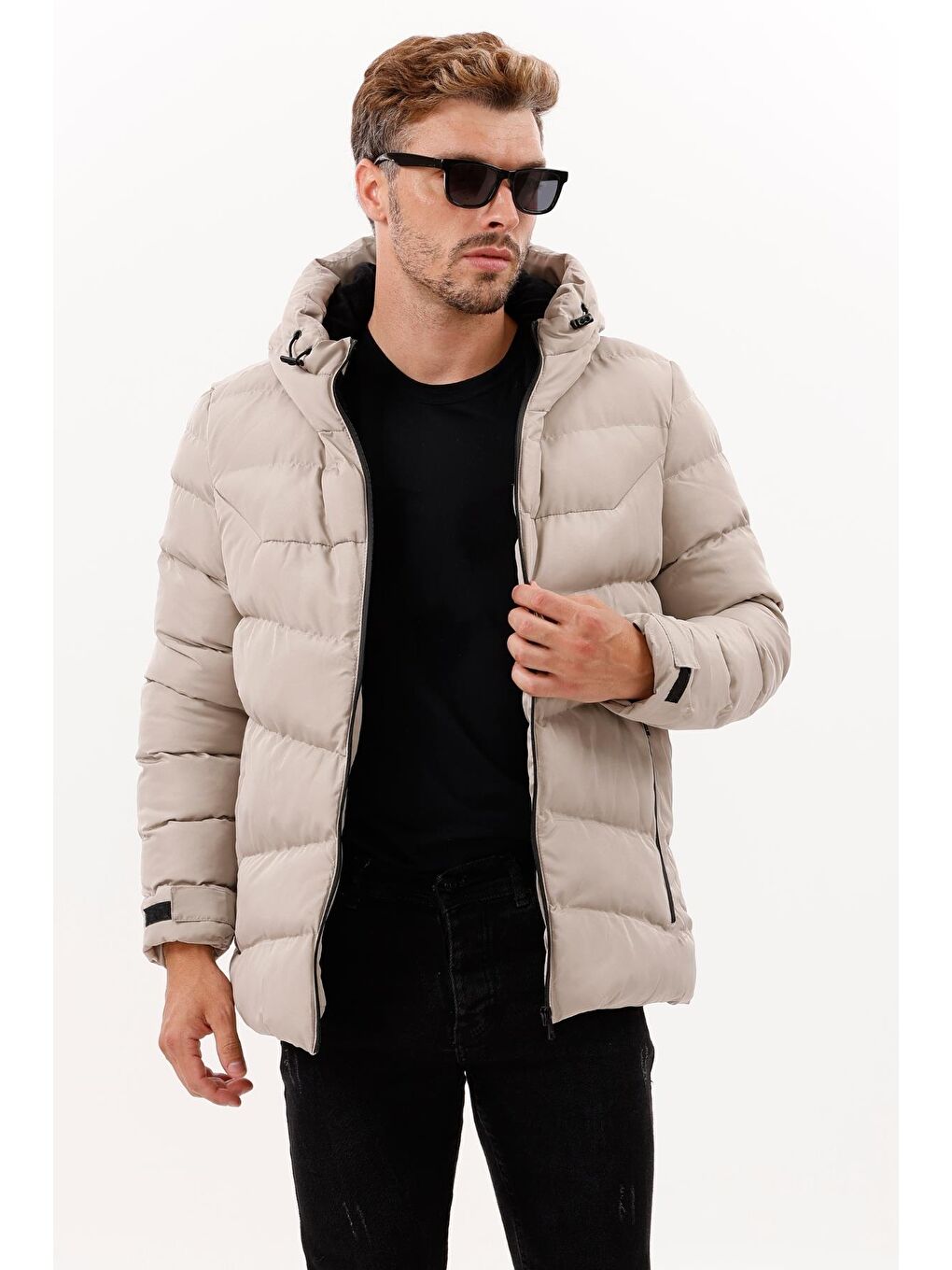 Bej Erkek Kapüşonlu Polarlı Kürklü Su Geçirmez Rüzgara Dayanıklı Şişme Mont Kaban Parka