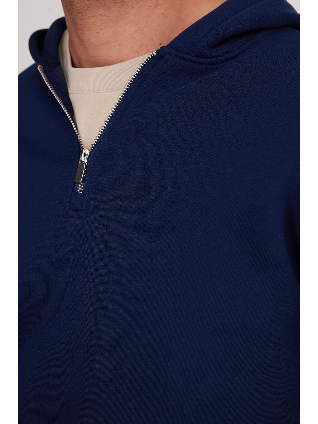 Unisex Relax Fit Rahat Kesim Pamuklu İçi Polarlı Yarım Fermuarlı Lacivert Kapüşonlu Sweatshirt-2