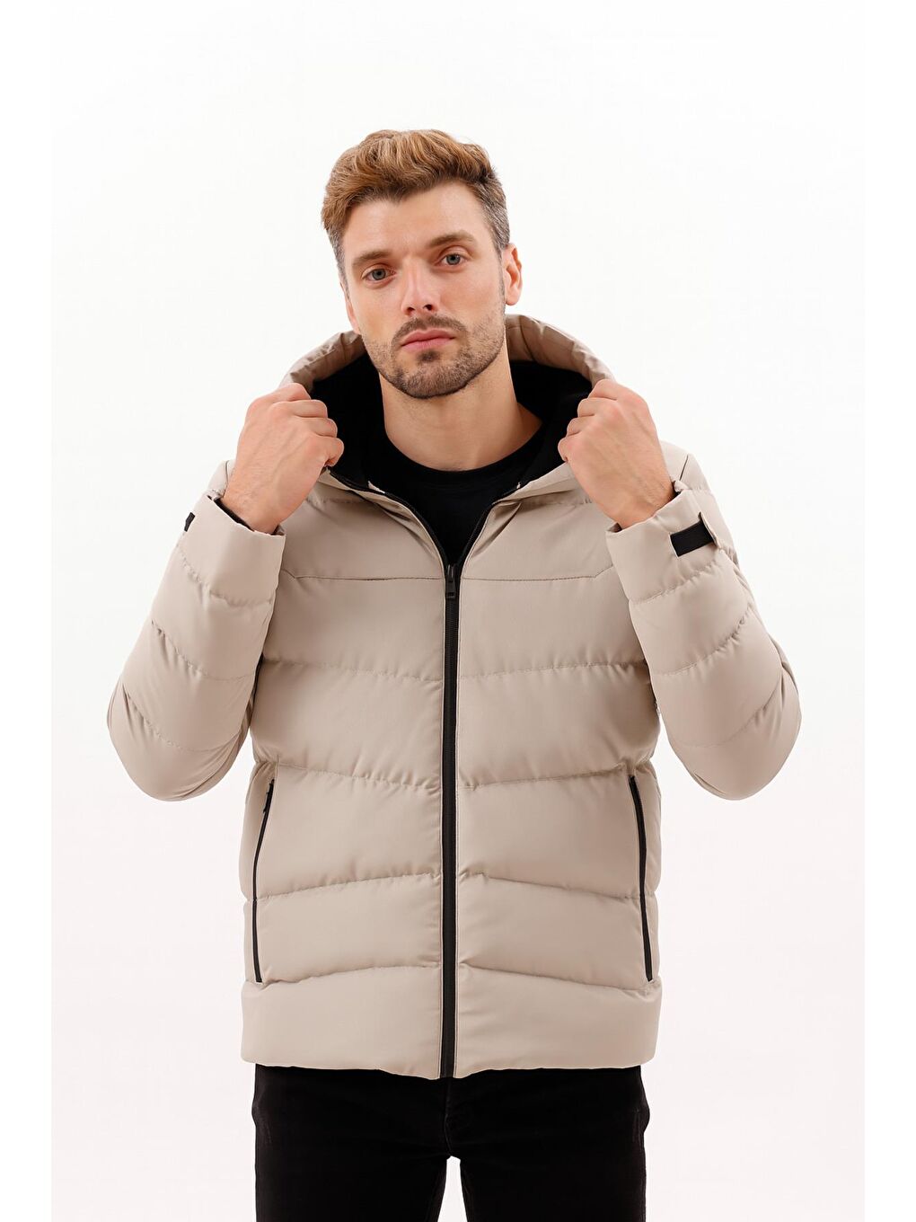 Bej Erkek Kapüşonlu Polarlı Kürklü Su Geçirmez Rüzgara Dayanıklı Şişme Mont Kaban Parka-1