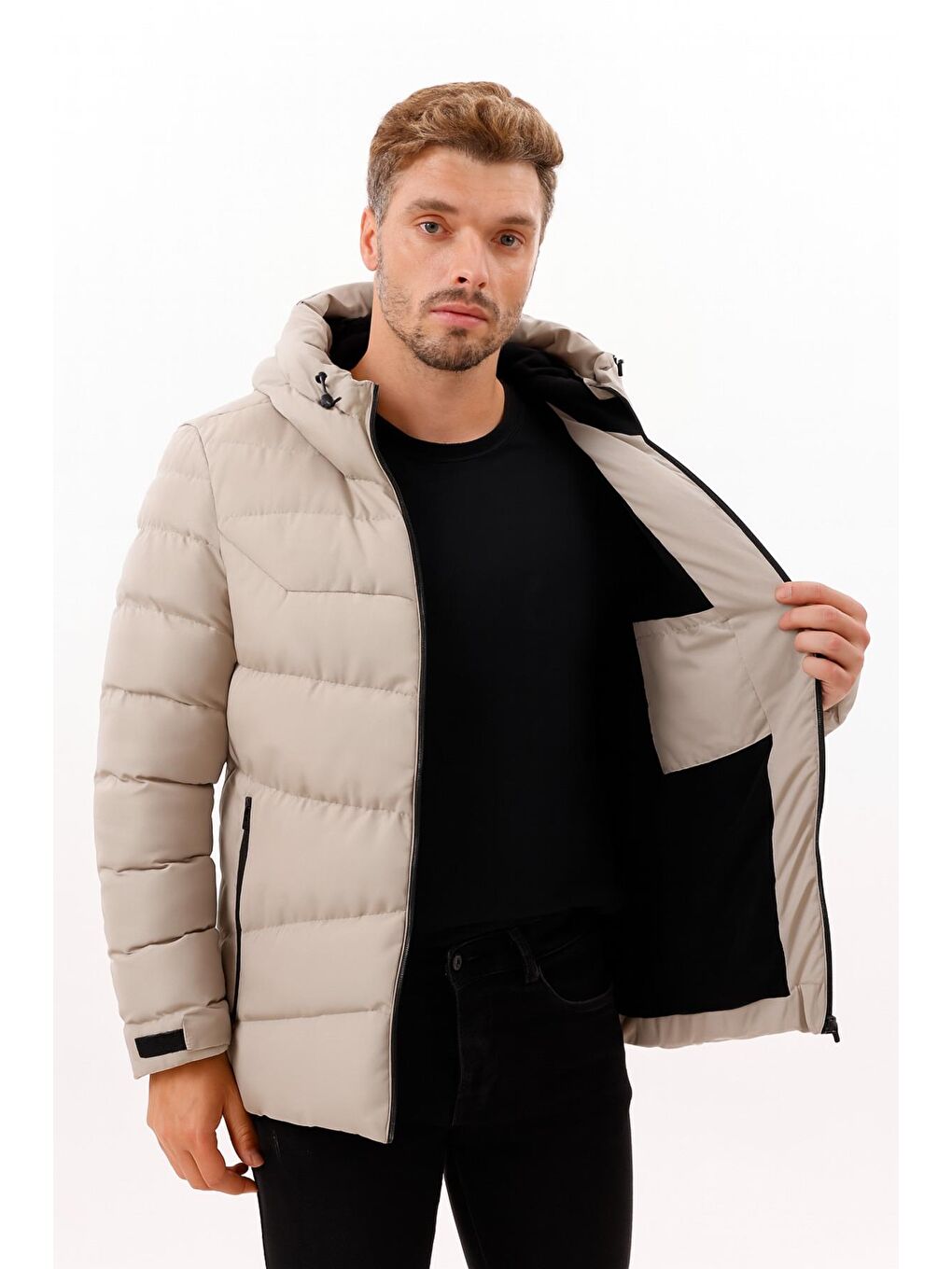 Bej Erkek Kapüşonlu Polarlı Kürklü Su Geçirmez Rüzgara Dayanıklı Şişme Mont Kaban Parka-2