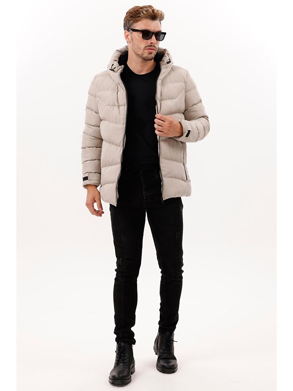 Bej Erkek Kapüşonlu Polarlı Kürklü Su Geçirmez Rüzgara Dayanıklı Şişme Mont Kaban Parka-3