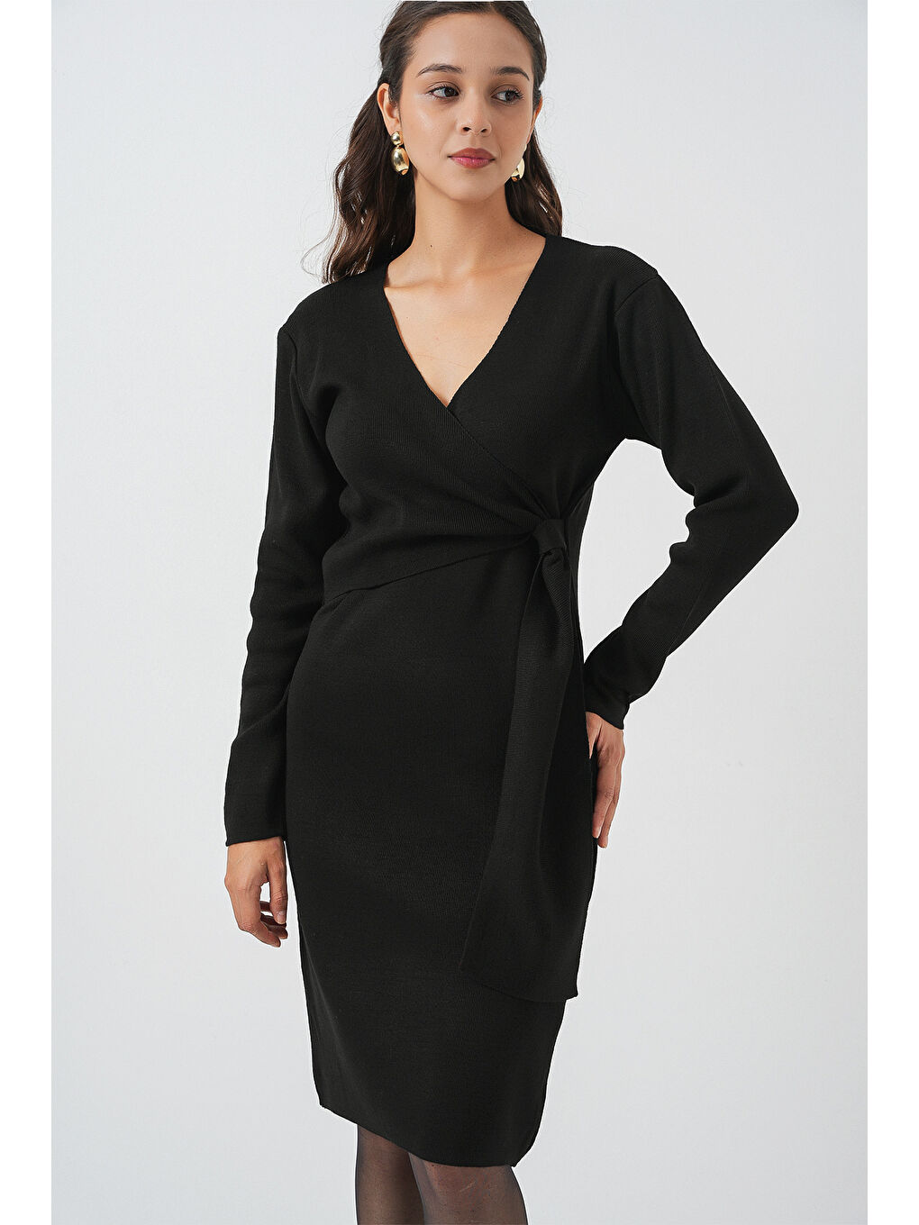 Kadın Kruvaze Yaka Triko Elbise 15928 - Siyah-3