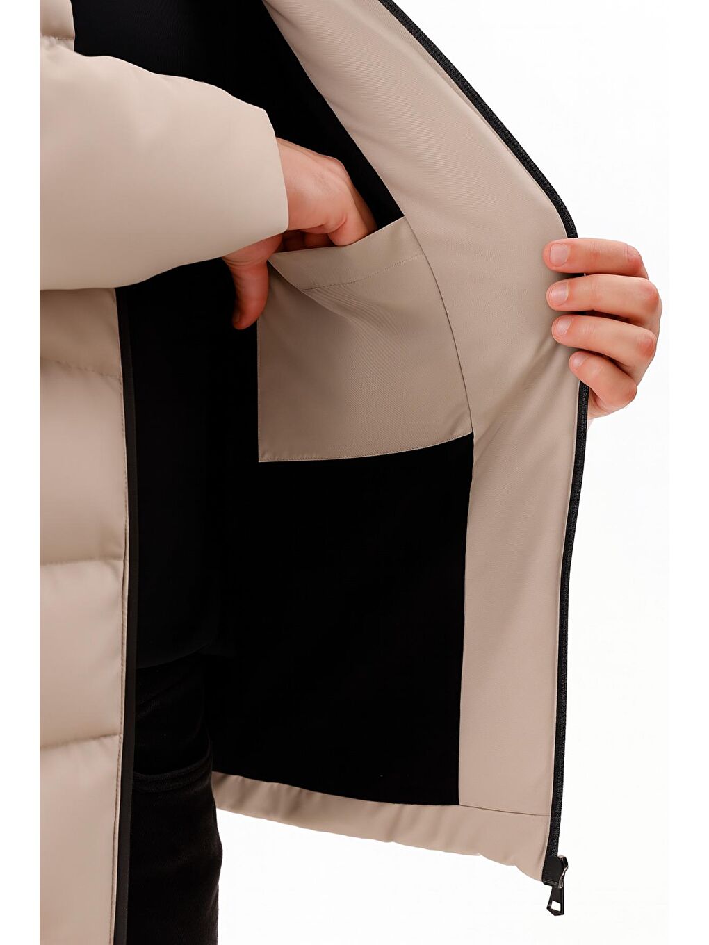 Bej Erkek Kapüşonlu Polarlı Kürklü Su Geçirmez Rüzgara Dayanıklı Şişme Mont Kaban Parka-4