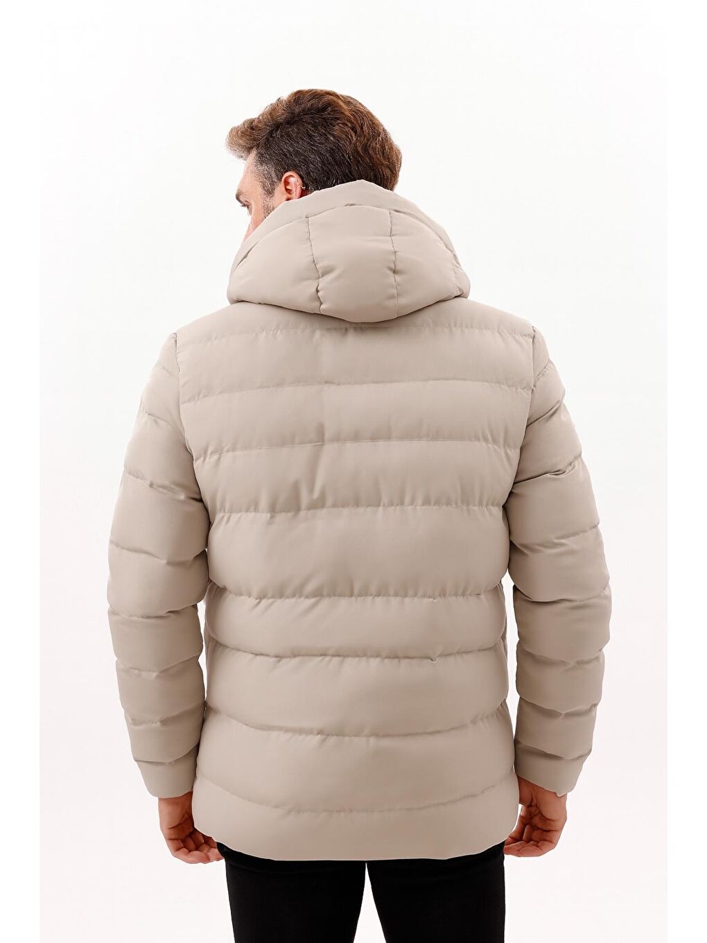 Bej Erkek Kapüşonlu Polarlı Kürklü Su Geçirmez Rüzgara Dayanıklı Şişme Mont Kaban Parka-5