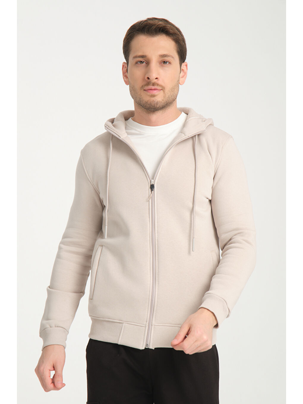 Bej 3 İplik  Kapüşonlu Fermuarlı Sweatshirt 6052