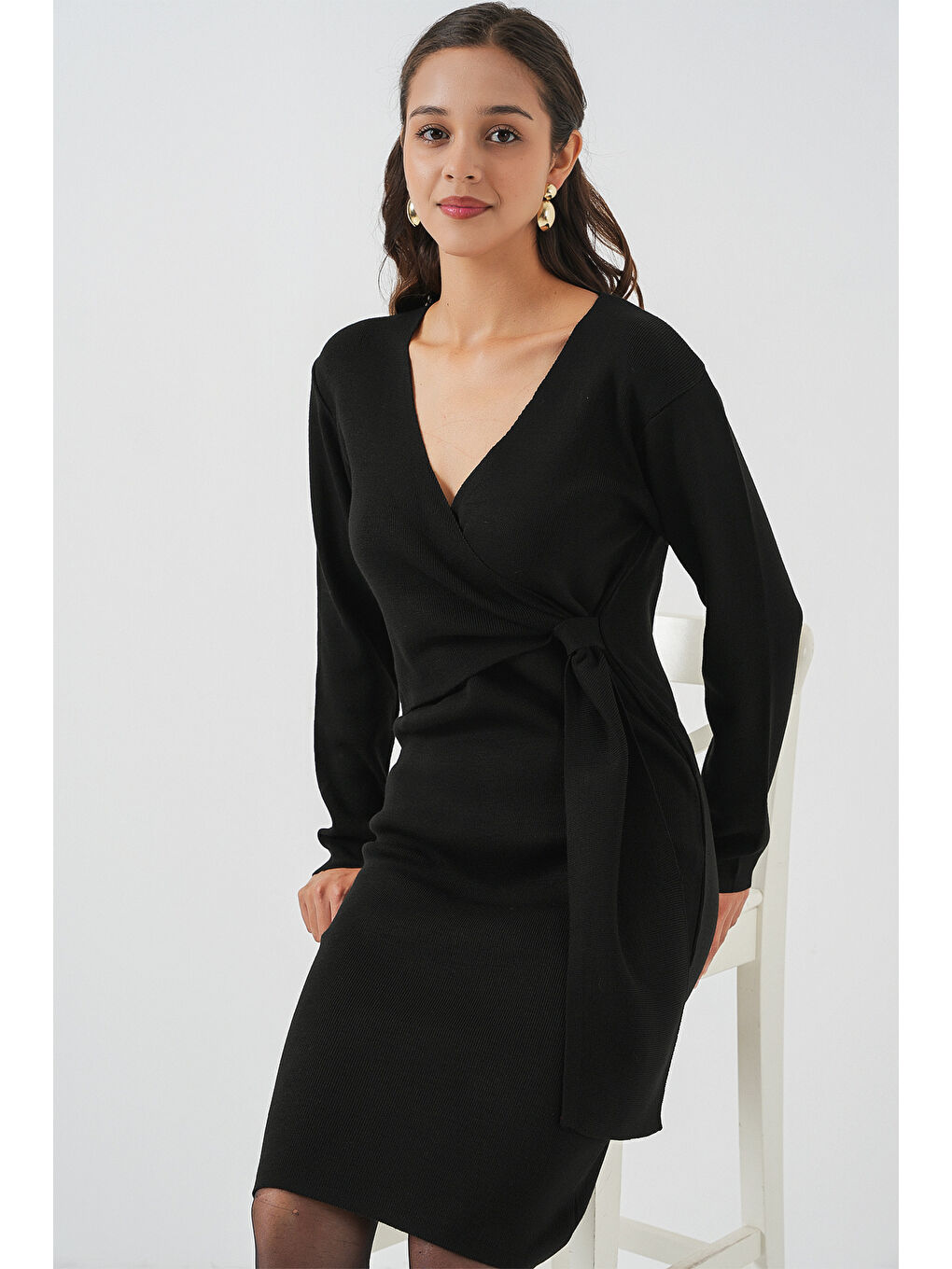 Kadın Kruvaze Yaka Triko Elbise 15928 - Siyah-4