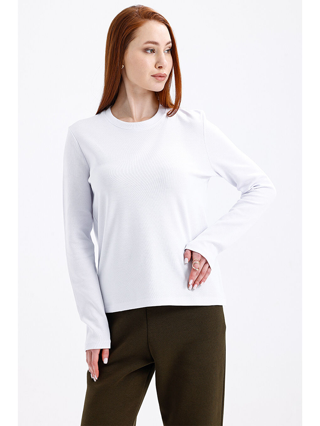 Kadın Uzun Kollu Basic Beyaz T-Shirt--1
