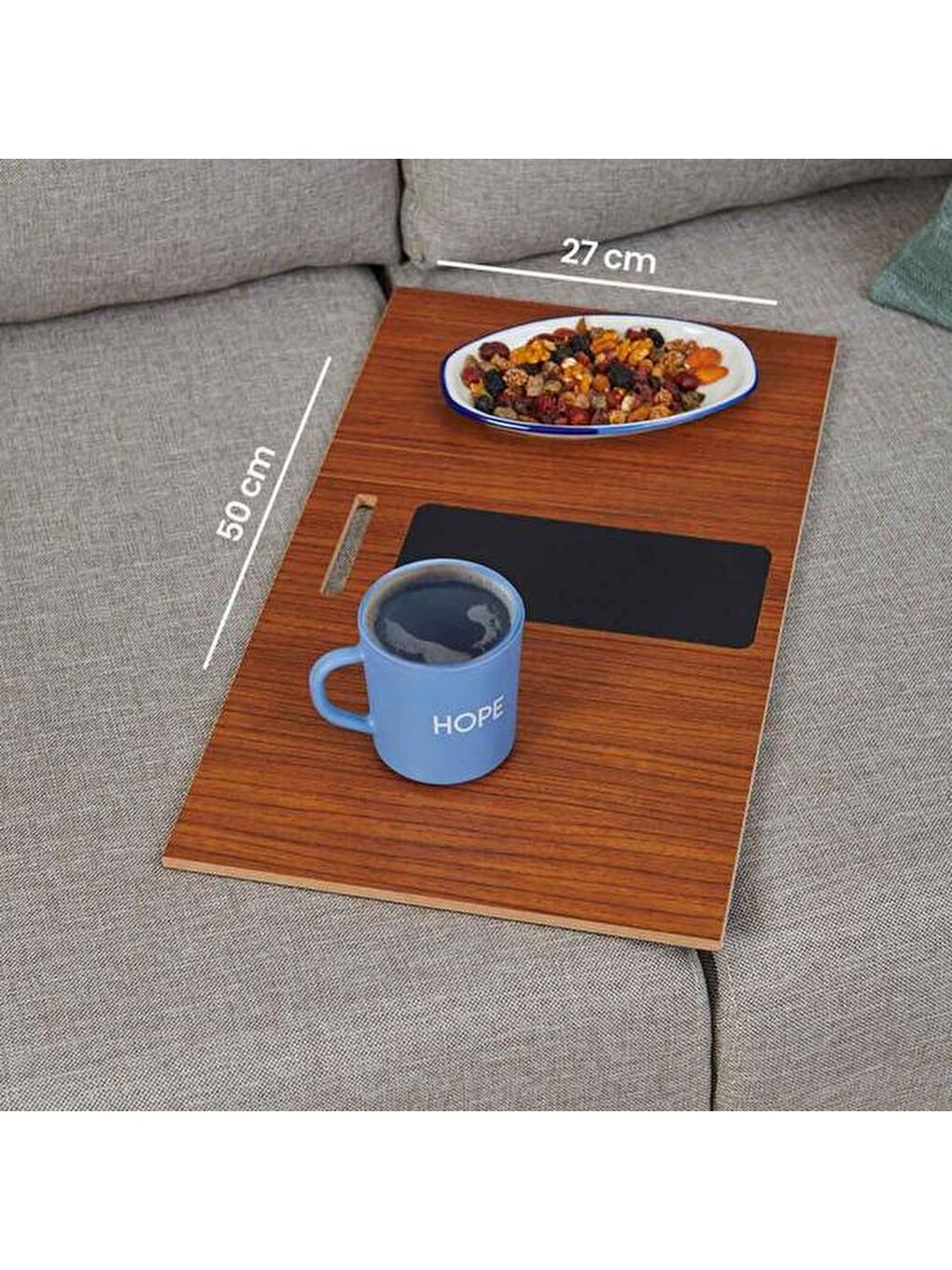 Kahverengi Deri Detaylı Telefon Tutuculu Koltuk Sehpası - Ceviz-1