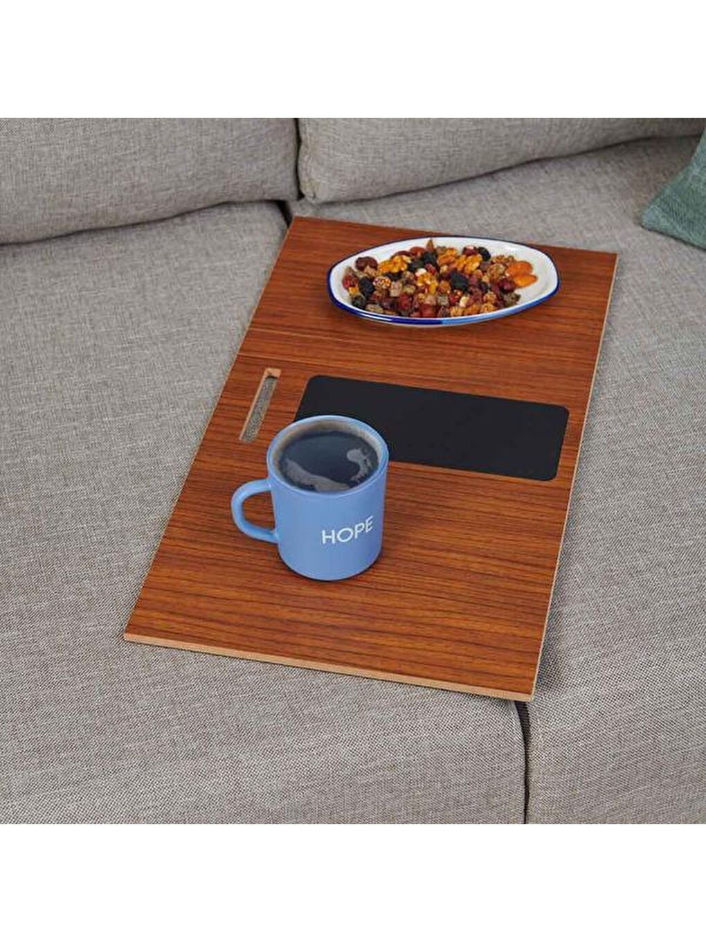 Kahverengi Deri Detaylı Telefon Tutuculu Koltuk Sehpası - Ceviz-2