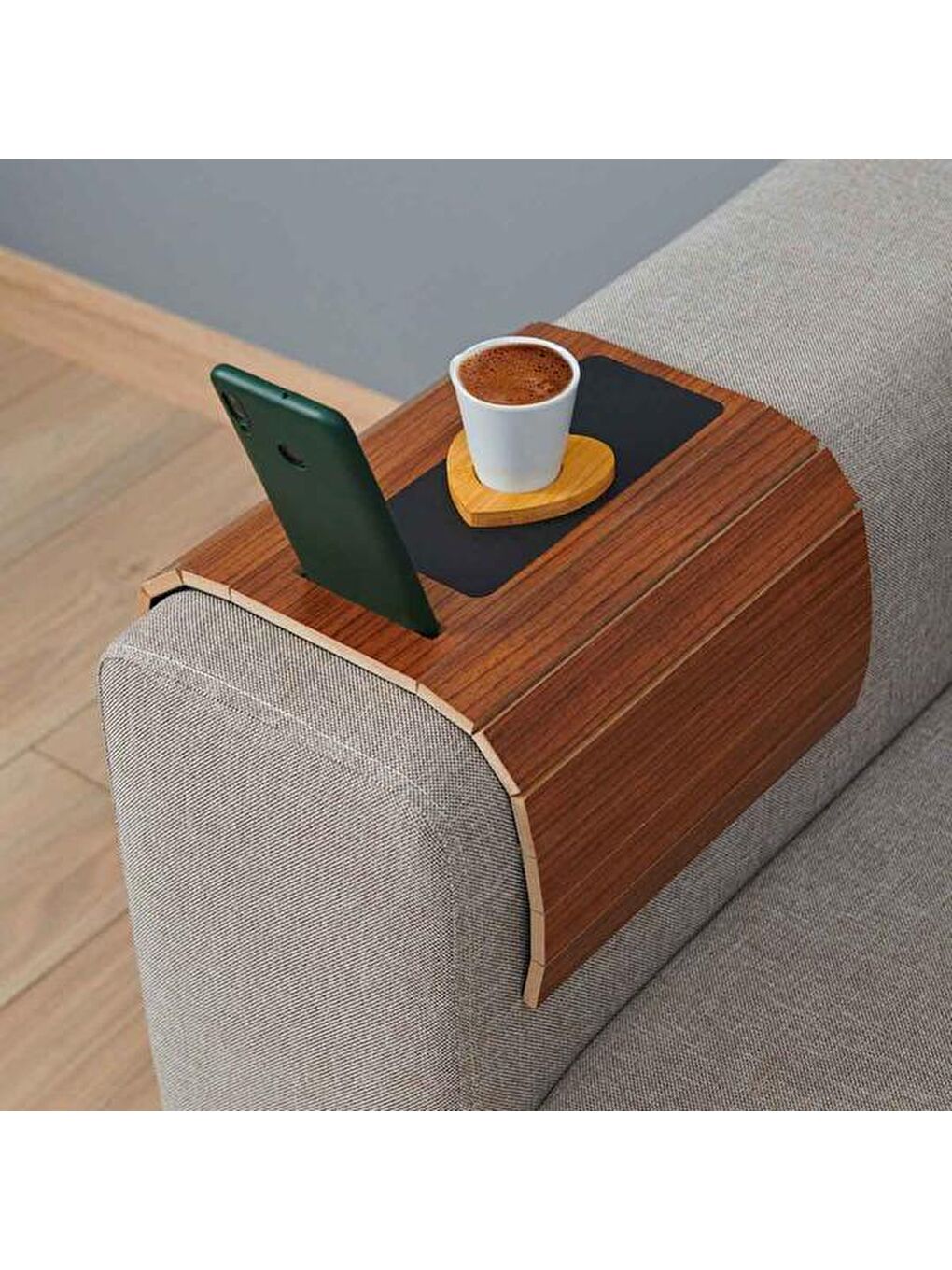 Kahverengi Deri Detaylı Telefon Tutuculu Koltuk Sehpası - Ceviz-3